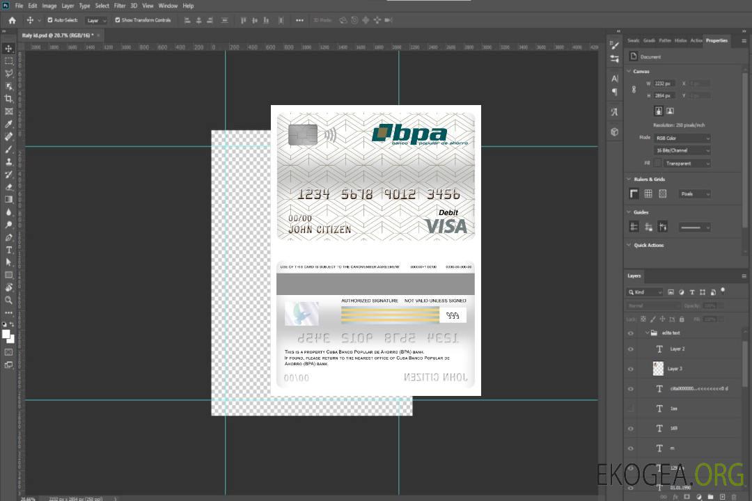 Carte de débit visa bancaire Cuba Banco Popular de Ahorro (BPA) template